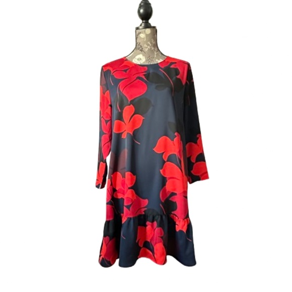 Halogen Women's L Petite Navy Red Floral Print Sleeved Round Neck Midi Dress - Picture 1 of 15
